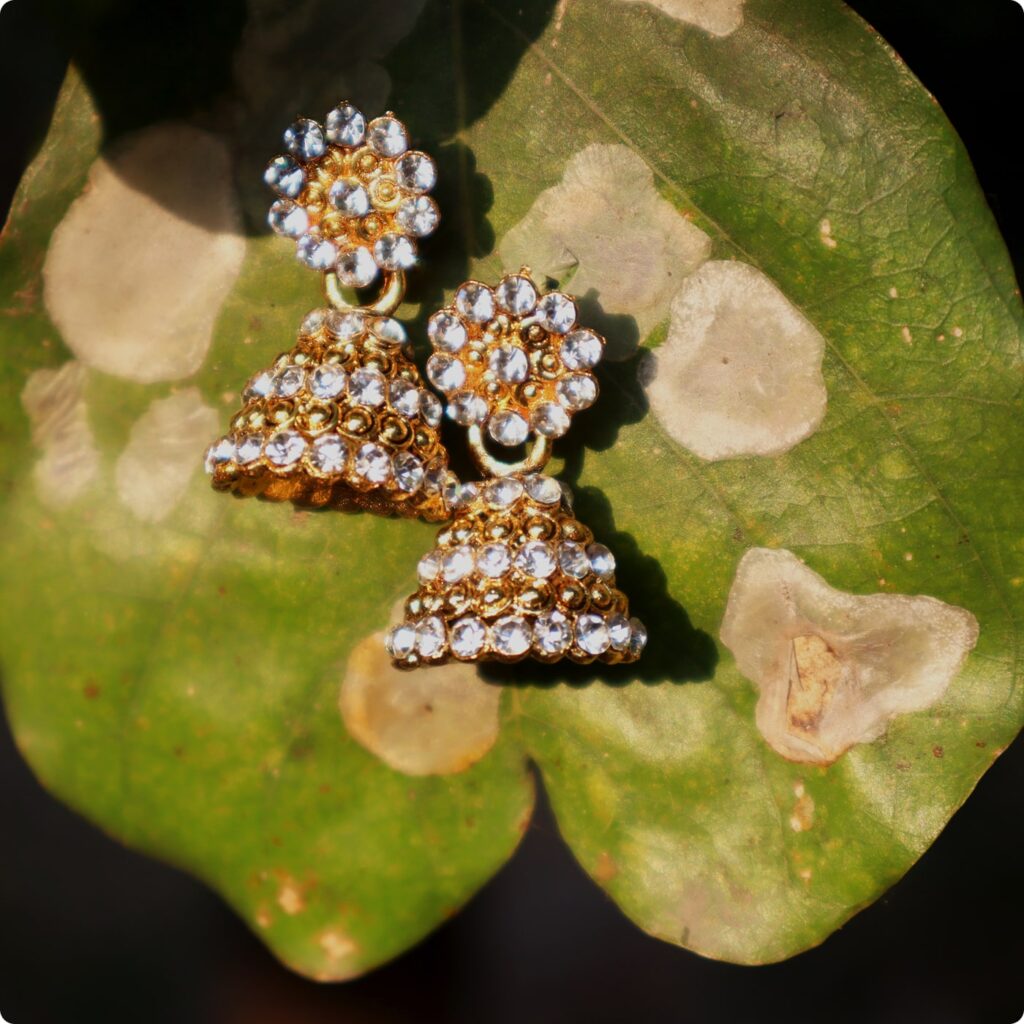 Radiant Gold Crystal Jhumka Earrings – Traditional Glamour